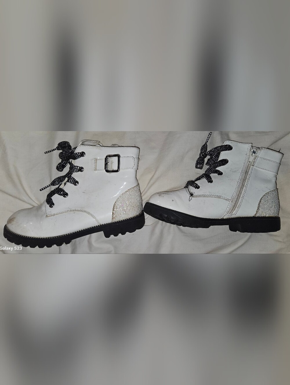 Kids White Glitter Accent Ankle Boots with Buckle